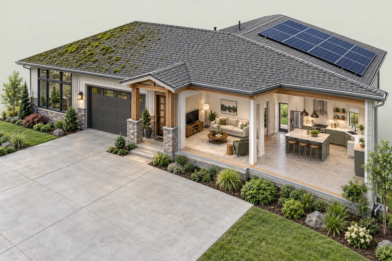 Illustrated cutaway house with a mossy roof, solar panels, windows, gutters, carpeted living room, tiled kitchen and concrete driveway